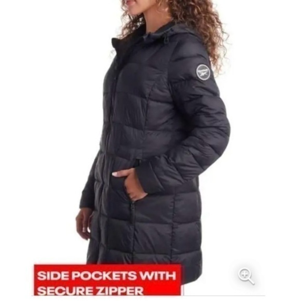 Reebok black long glacier shield hooded puffer jacket full zip up-quilted jacket